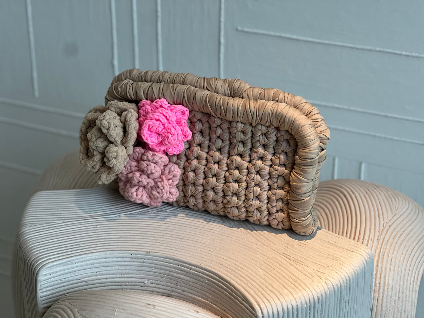 Neutral Border Clutch with Flowers