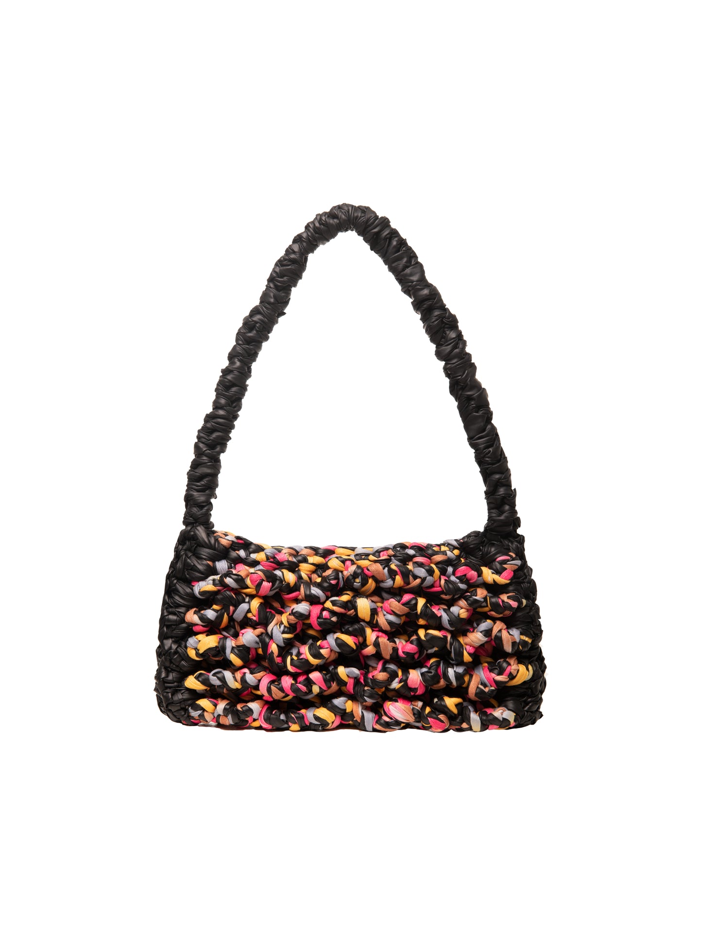 Black Faux Leather +Mutli Ruffle Squiggle Bag