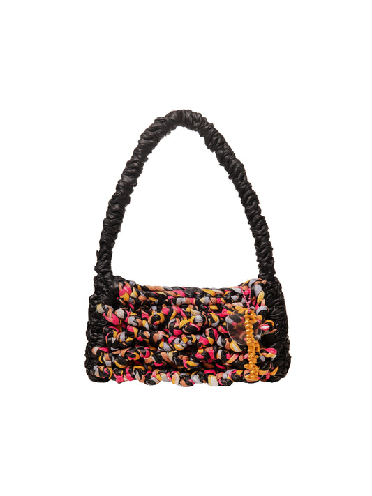 Black Faux Leather +Mutli Ruffle Squiggle Bag