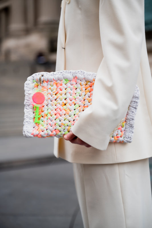 WHITE +NEON RUFFLE CLUTCH