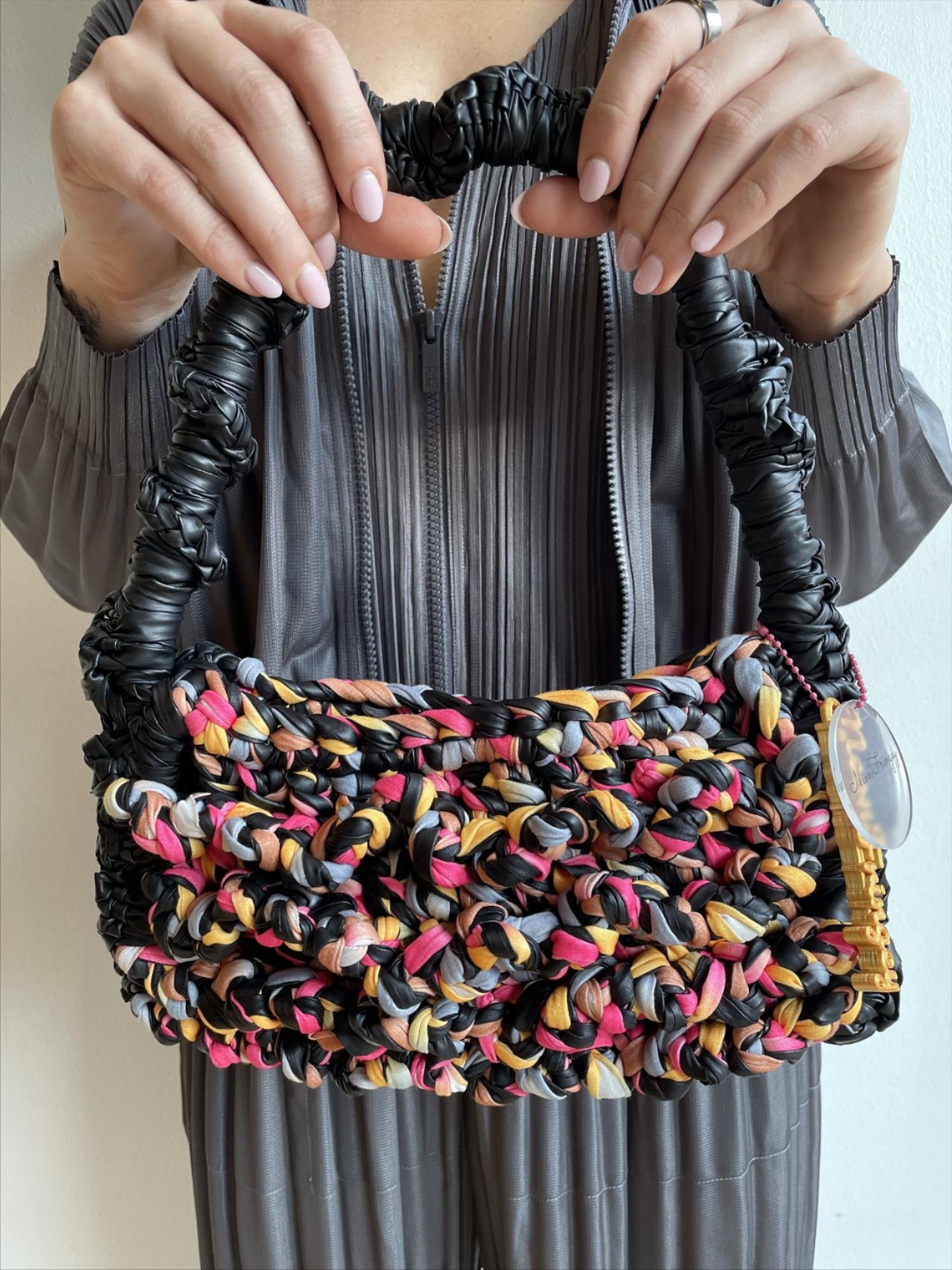 Black Faux Leather +Mutli Ruffle Squiggle Bag