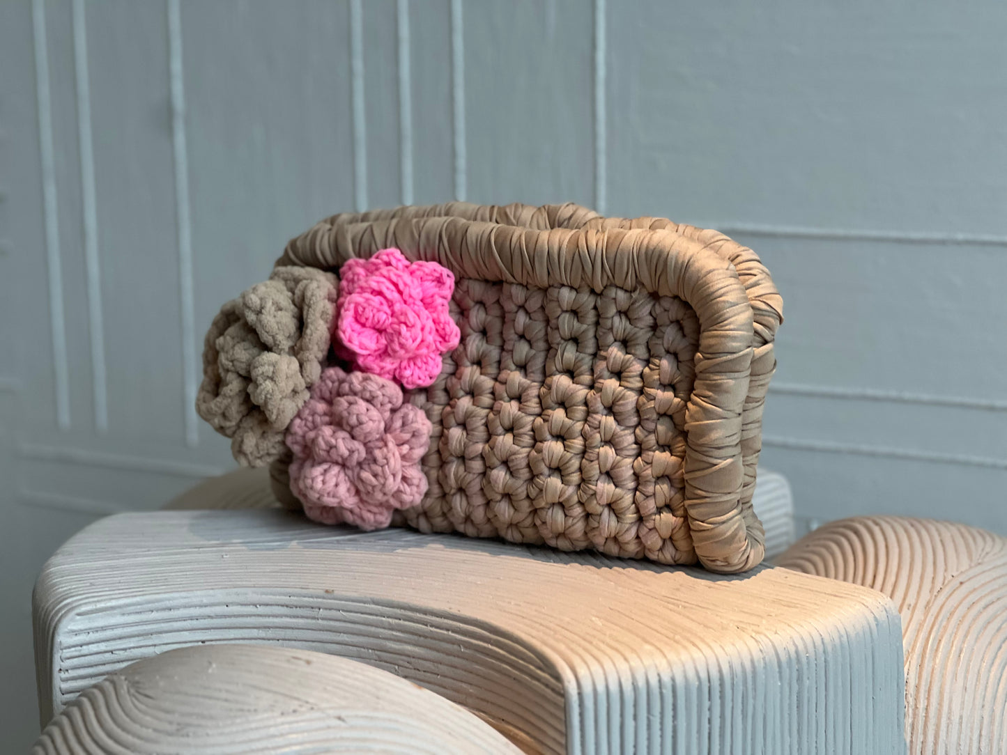Neutral Border Clutch with Flowers